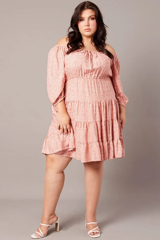 Pink Ditsy Tie Front Tiered Mini Dress Trendy Crossover Mini Dress