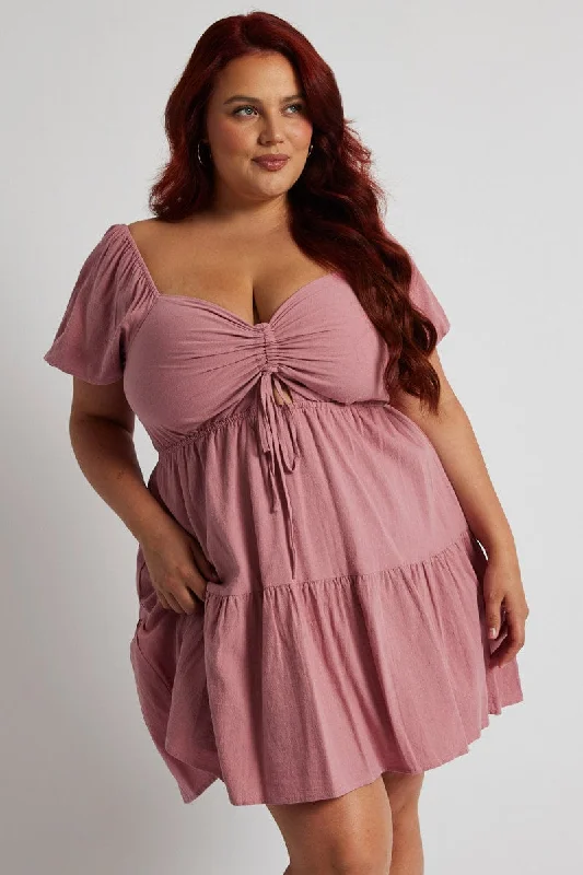 Pink Drawstring Front Mini Dress Comfortable Wrap Mini Dress