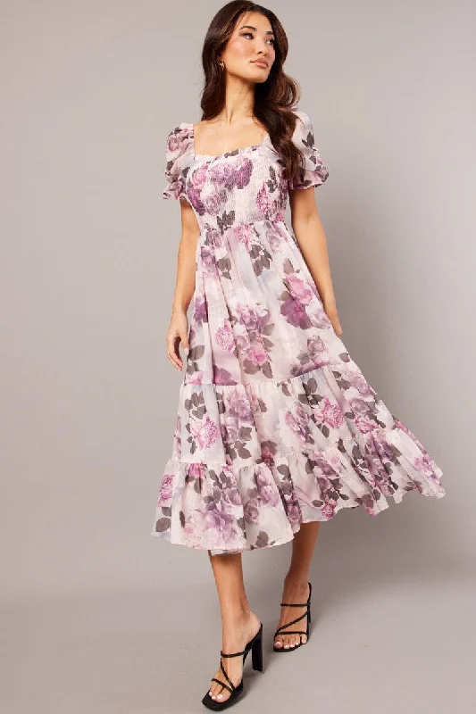 Pink Floral Maxi Dress Puff Sleeve Elegant Maxi Dress with Drapes