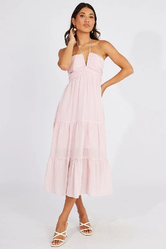 Pink Maxi Dress Halter Neck Tiered Stylish Maxi Dress with Frills