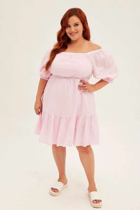 Pink Mini Dress Off Shoulder Cotton Textured Fashionable Summer Mini Dress