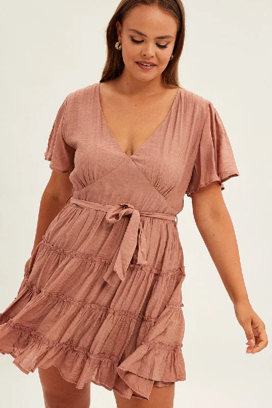 Pink Mini Dress Short Flare Sleeve Textured Frill Chic Tropical Mini Dress