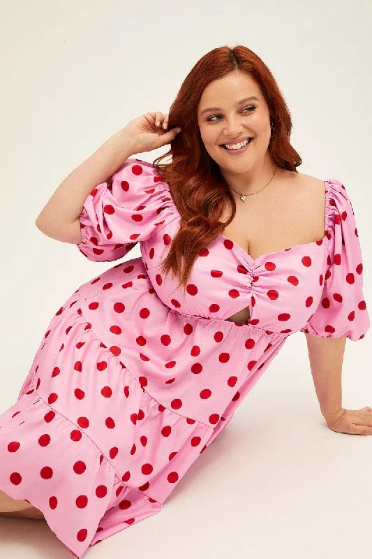 Pink Polka Dot Mini Dress Puff Sleeve Gather Front Peephole Cozy Knit Mini Dress