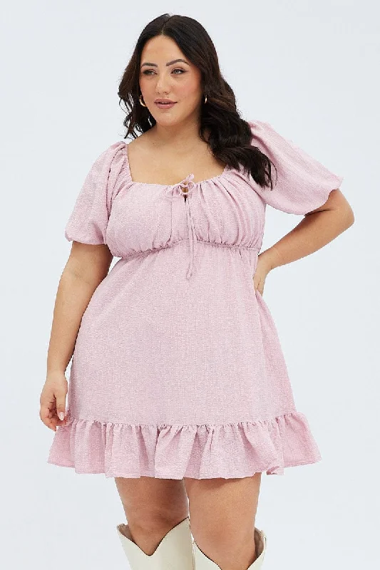 Pink Textured Mini Dress Tie Front Fashionable Denim Mini Dress