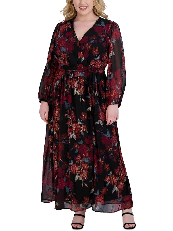 Plus Womens Chiffon Printed Maxi Dress Trendy Short Sleeve Maxi Dress