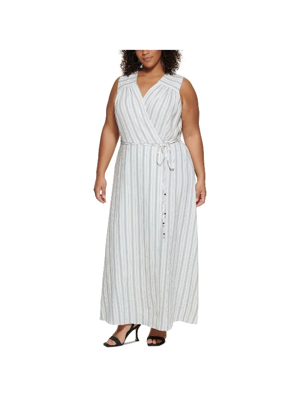 Plus Womens Striped Sleeveless Maxi Dress Elegant Maxi Dress with Slit