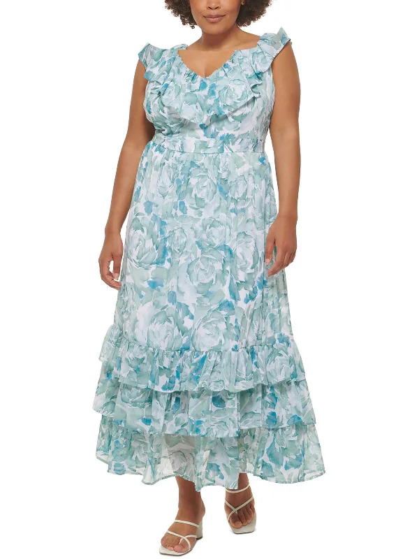 Plus Womens V-Neck Long Maxi Dress Elegant Tiered Maxi Dress