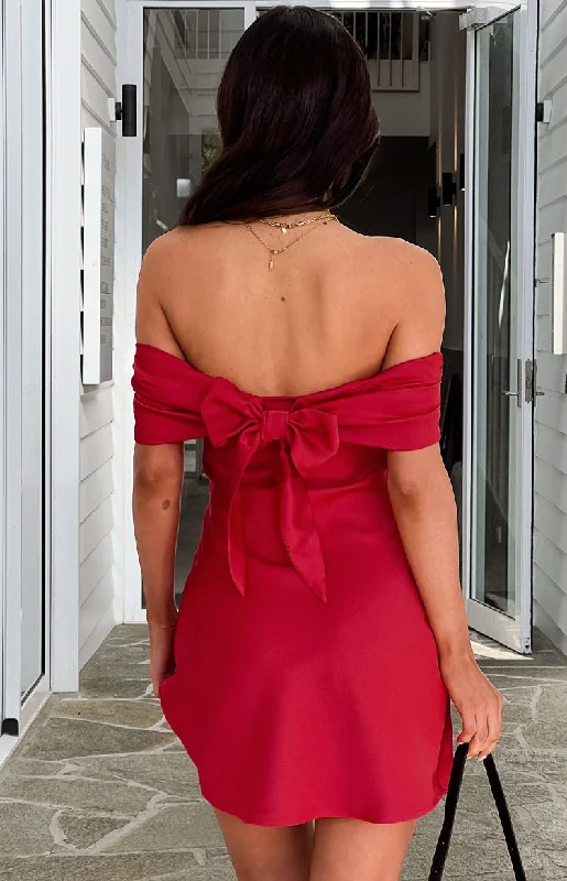 Primrose Red Satin Off the Shoulder Mini Dress Classic Striped Mini Dress