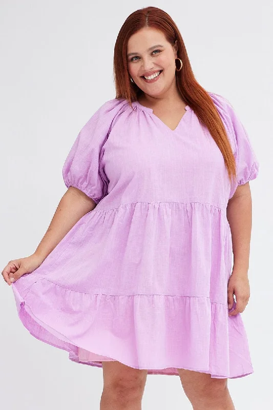 Purple Mini Dress Easy Shirt Collar Half Sleeve Classic Solid Mini Dress