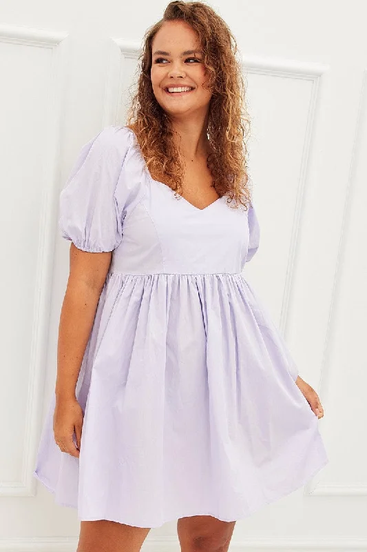 Purple Mini Dress Sweetheart Neck Puff Sleeve Party Trendy Mesh Mini Dress