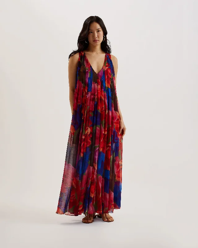 Rabiusa Organza Tropical Bloom V Neck Maxi Dress Multicolor Fashionable Off-Shoulder Maxi Dress