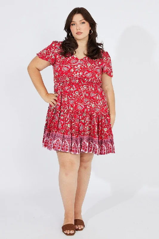 Red Boho Fit And Flare Dress V-neck Mini Dress Trendy Cut-Out Mini Dress