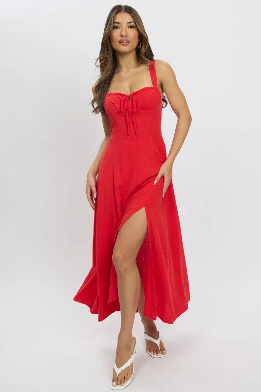 Red Maxi Dress Corset Detailed Trendy Floral Print Maxi Dress