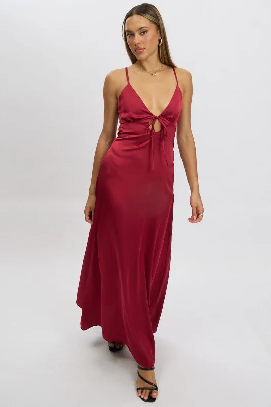 Red Maxi Dress Cut Out Satin Fashionable Sheer Maxi Dress