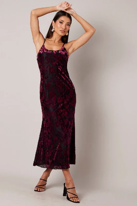 Red Maxi Dress Sleeveless Scoop Neck Burn Out Trendy Floral Print Maxi Dress