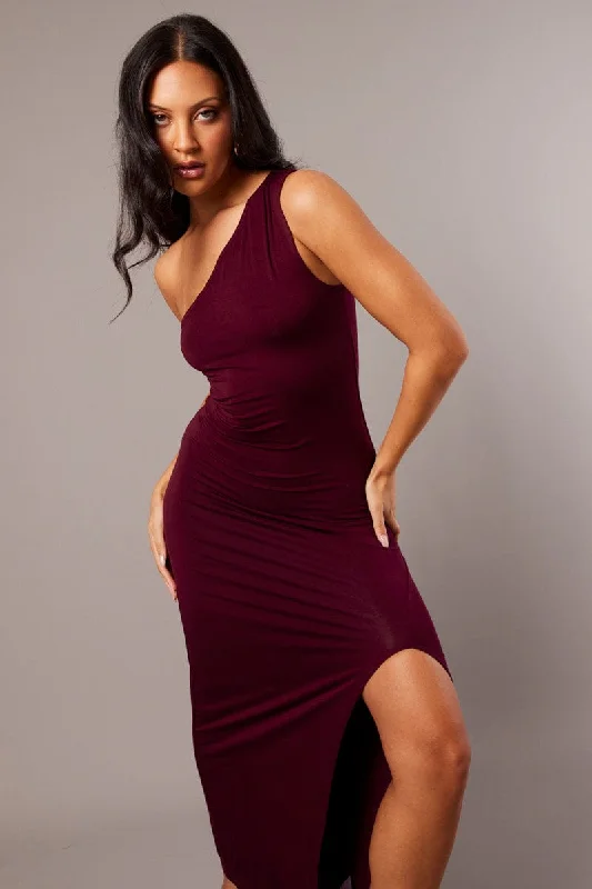 Red One Shoulder Maxi Dress Side Split Cozy Maxi Dress with Slit