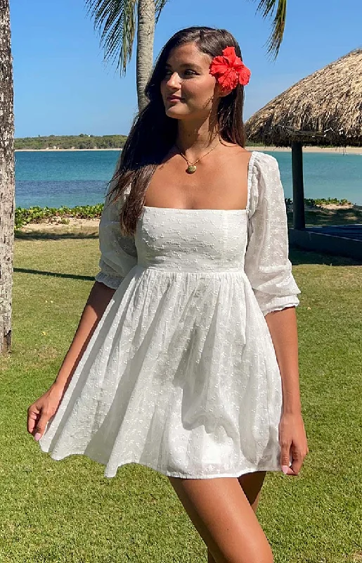 Rubi White Long Sleeve Broderie Mini Dress Stylish Sweetheart Mini Dress