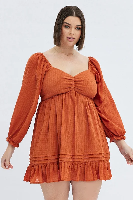 Rust Mini Dress Textured Cotton Blend Long Sleeve Cozy T-Shirt Mini Dress