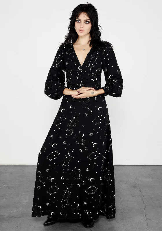 Silver Celestial Print Gathered Maxi Dress Elegant Boho Maxi Dress