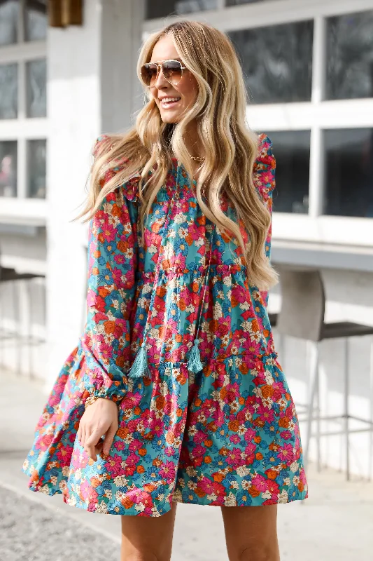 FINAL SALE - Sophisticated Crush Teal Tiered Floral Mini Dress