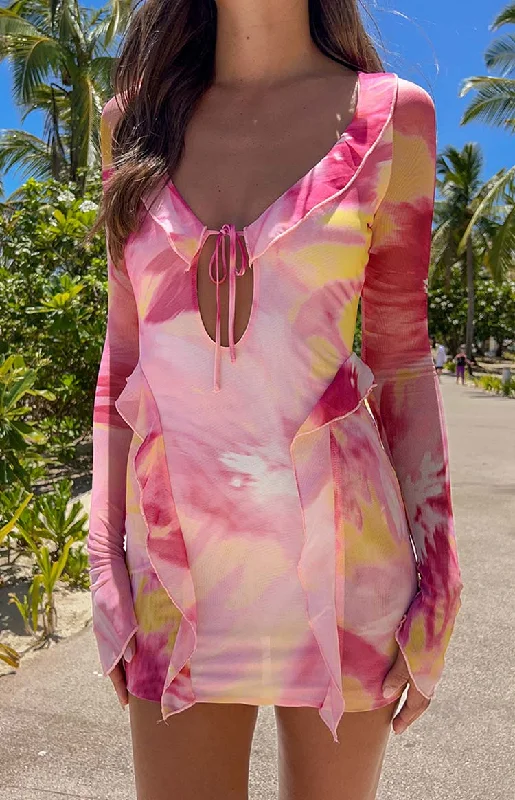 Surround Sound Pink Floral Mesh Long Sleeve Mini Dress Stylish Summer Mini Dress