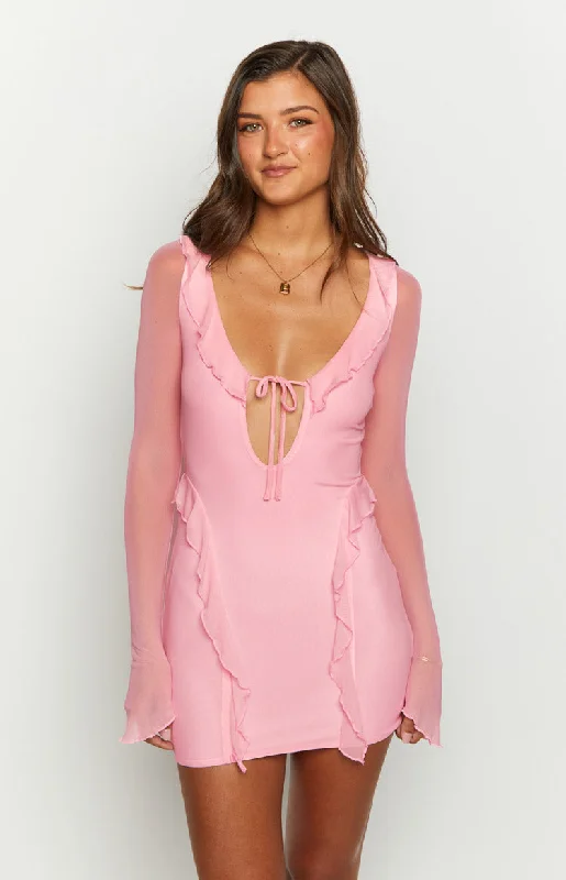 Surround Sound Pink Mesh Long Sleeve Mini Dress Chic Tropical Mini Dress