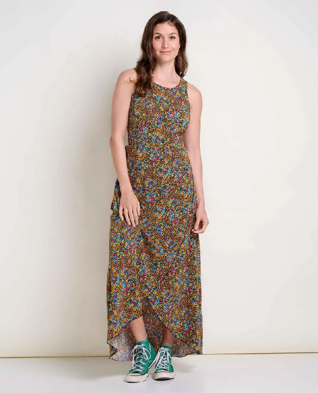 Women's Sunkissed Maxi Dress - Black Micro Floral Print Comfortable Satin Maxi Dress