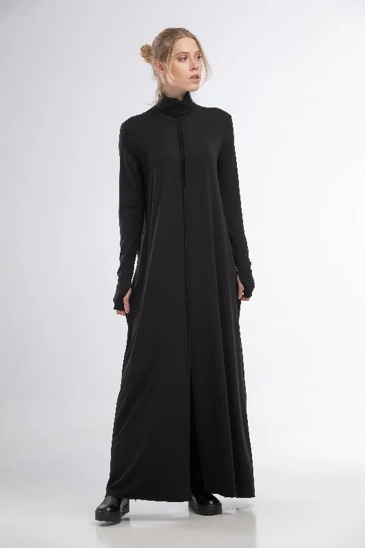 Turtleneck black maxi dress Cozy Open-Back Maxi Dress