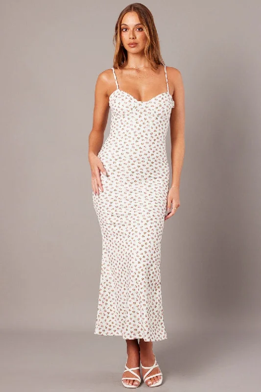 White Ditsy Maxi Dress Sweetheart Neck Bodycon Textured Stylish A-Line Maxi Dress