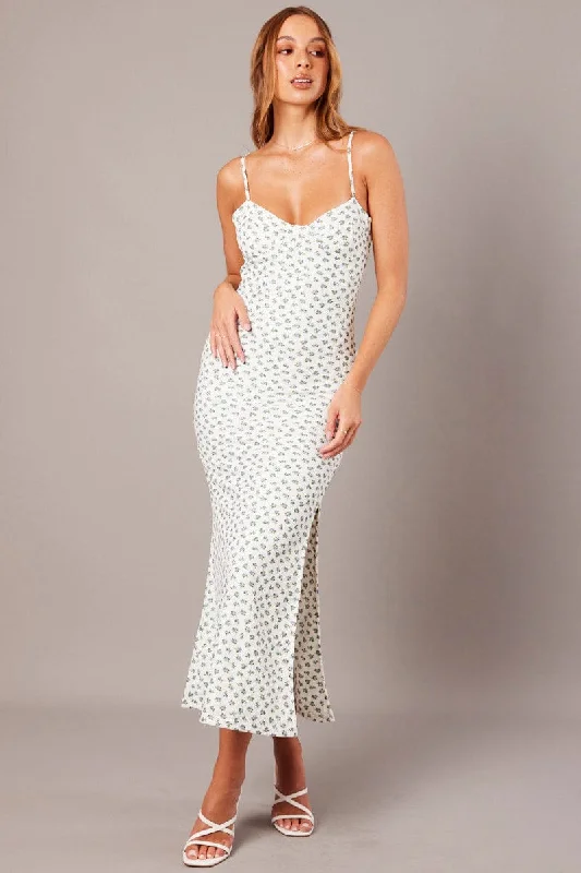 White Ditsy Maxi Dress Sweetheart Neck Bodycon Textured Trendy Maxi Dress with Belt