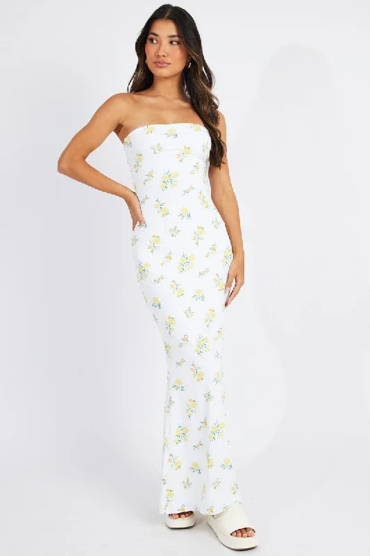 White Floral Bandeau Maxi Dress Bouquet Flower Dress Comfortable Bohemian Maxi Dress White Floral Bandeau Maxi Dress Bouquet Flower Dress Comfortable Bohemian Maxi Dress