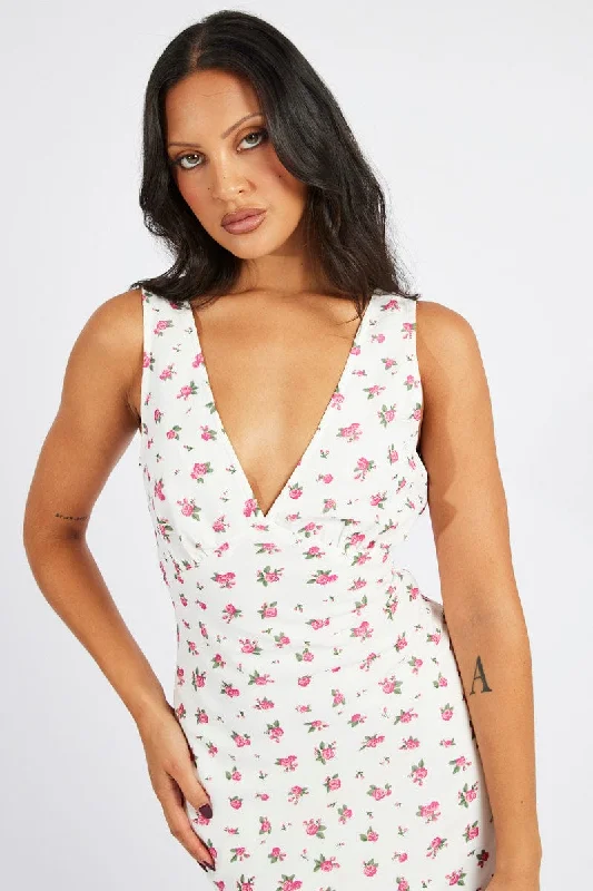 White Floral Maxi Dress V-Neck Sleeveless Trendy Printed Maxi Dress
