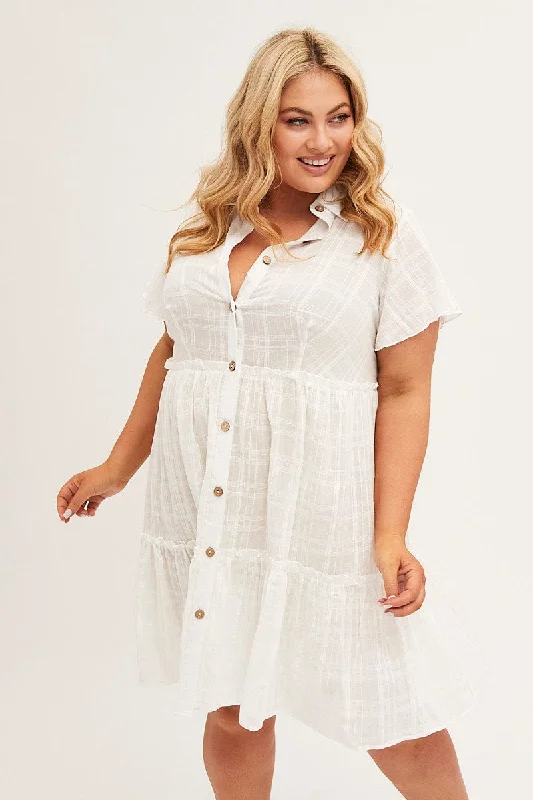 White Mini Dress Short Sleeve Button Front Textured Cozy T-Shirt Mini Dress