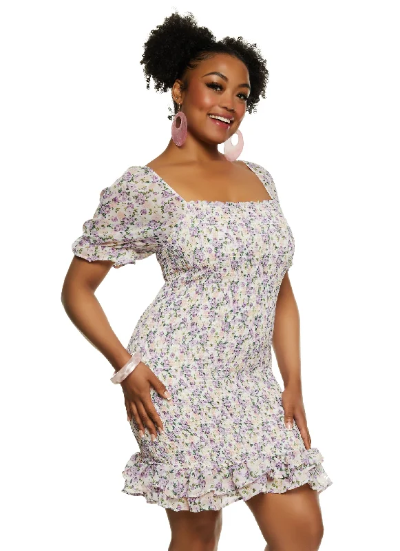 Plus Size Haute Monde Floral Print Smocked Mini Dress Elegant Lace-Up Mini Dress
