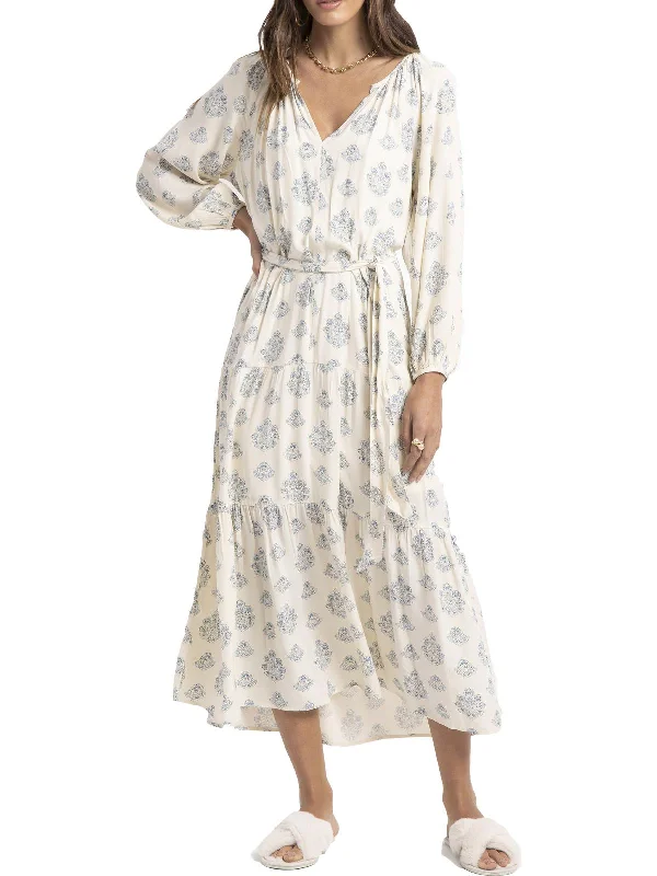Womens Floral Bishop Sleeve Maxi Dress Cozy Maxi Dress with Slit