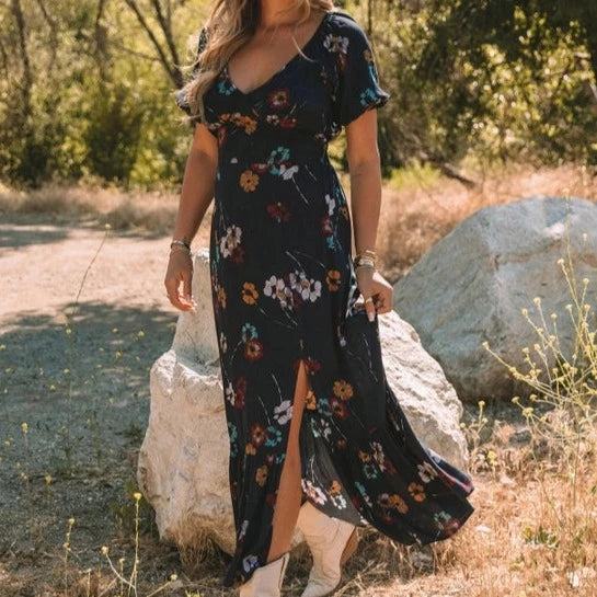 Women's Floral V-Neck Puff Sleeve Maxi Dress in Navy Fashionable Button-Down Maxi Dress Women's Floral V-Neck Puff Sleeve Maxi Dress in Navy Fashionable Button-Down Maxi Dress