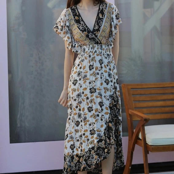 Women's Floral V-Neck Ruffle Sleeve Maxi Dress in White & Grey Casual Maxi Dress with Pockets Women's Floral V-Neck Ruffle Sleeve Maxi Dress in White & Grey Casual Maxi Dress with Pockets