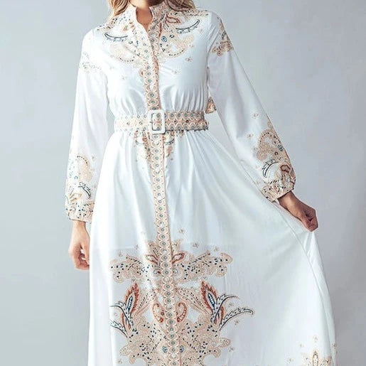 Women's Western High Neck Paisley Maxi Dress in Cream Trendy Floral Print Maxi Dress
