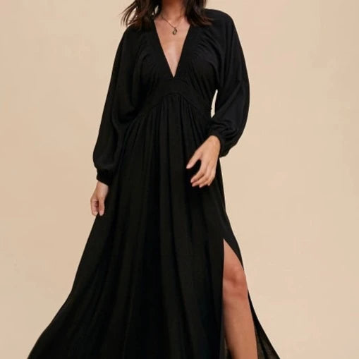 Women's Plunge V-Neck Dolman Sleeved Solid Black Maxi Dress Trendy Ruffled Maxi Dress Women's Plunge V-Neck Dolman Sleeved Solid Black Maxi Dress Trendy Ruffled Maxi Dress