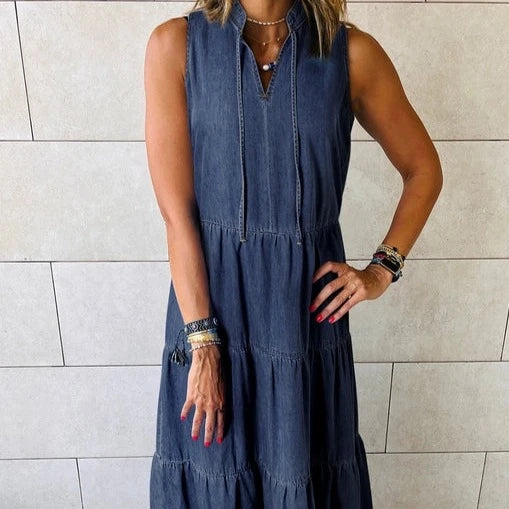 Women's Sleeveless Tiered Chambray Maxi Dress in Navy Blue Comfortable Pleated Maxi Dress Women's Sleeveless Tiered Chambray Maxi Dress in Navy Blue Comfortable Pleated Maxi Dress