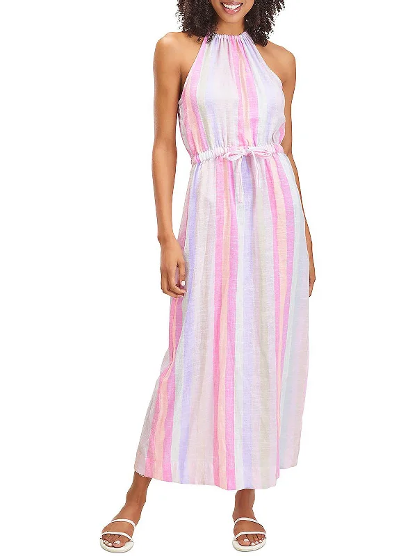Womens Striped Halter Maxi Dress Fashionable Open-Back Maxi Dress