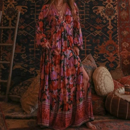 Women's Tiered Long Sleeve Black Floral Maxi Dress Stylish Empire Waist Maxi Dress