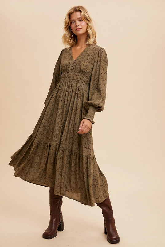 Women's Viscose Floral Long Sleeve Maxi Dress in Olive Fashionable Off-Shoulder Maxi Dress Women's Viscose Floral Long Sleeve Maxi Dress in Olive Fashionable Off-Shoulder Maxi Dress