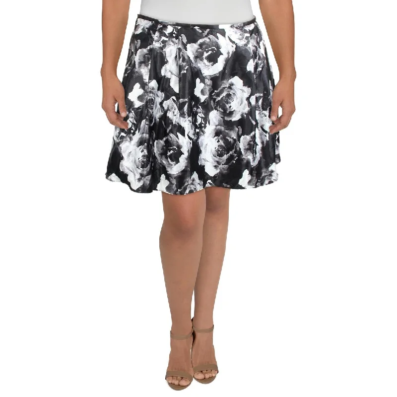 Blondie Nites Womens Juniors Satin Floral Print A-Line Skirt leather skirt bold
