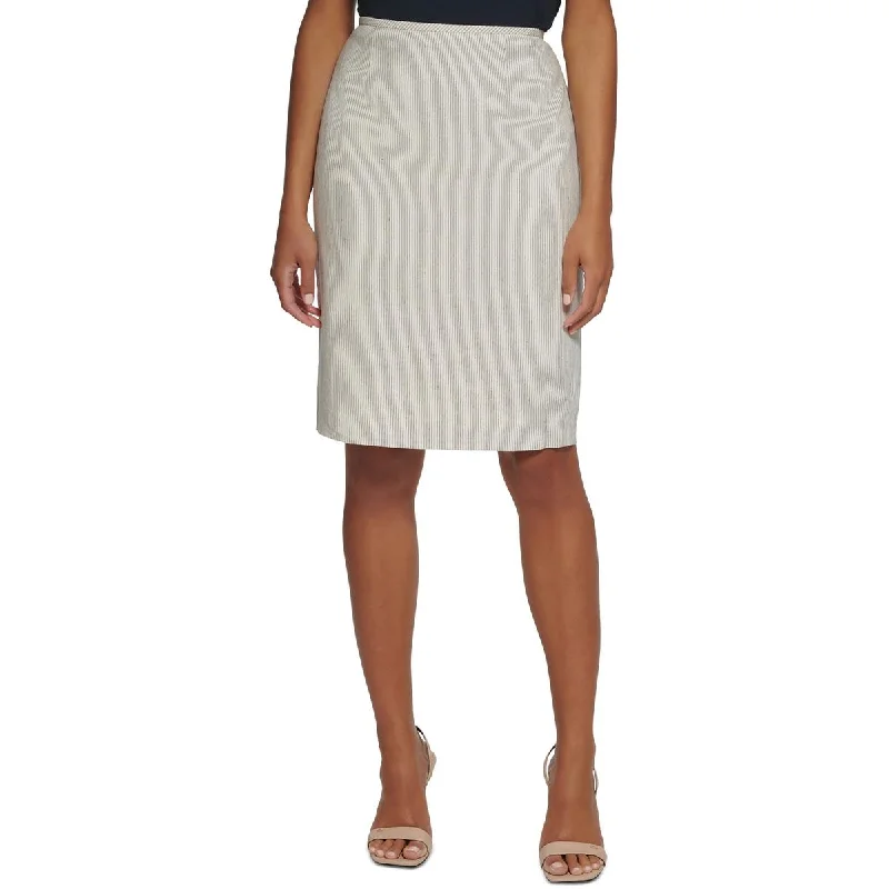 Calvin Klein Womens Knee Length Pinstripe Pencil Skirt ruffled skirt detail
