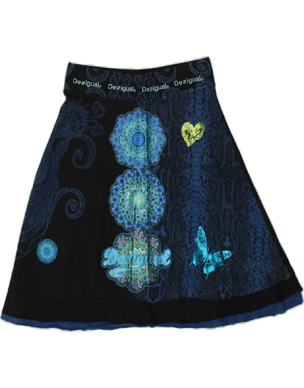 DESIGUAL Womens Graphic A-Line Skirt UK 10 Small W27 Black Paisley Cotton floral skirt print