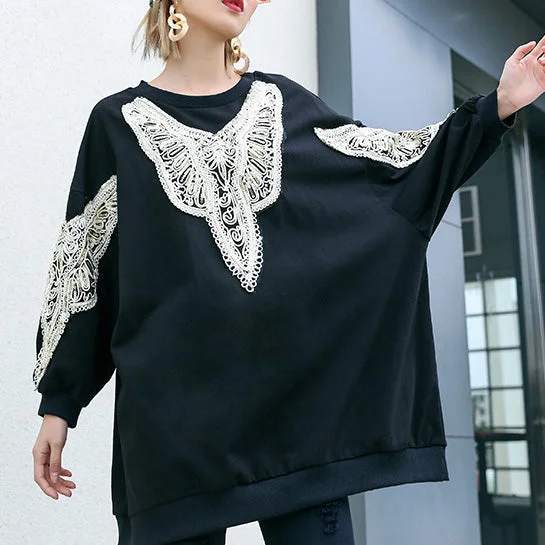 DIY black cotton Tunic Fine Inspiration o neck embroidery Plus Size Clothing shirt Elegant Lace-Trimmed Short Shirt