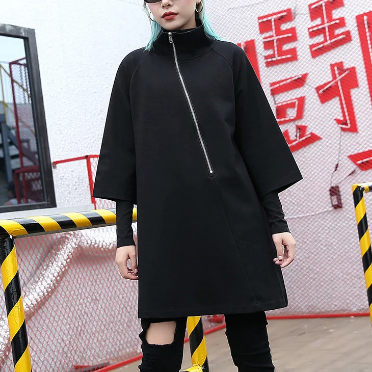 Elegant black cotton blended Midi-length t shirt oversized high neck t shirt 2018 zippered clothing t shirt Cozy Plain Short Sleeve Elegant black cotton blended Midi-length t shirt oversized high neck t shirt 2018 zippered clothing t shirt Cozy Plain Short Sleeve