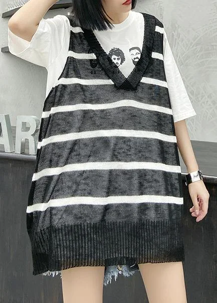 French black striped shirts v neck summer shirt Classic Button-Up Short Tee