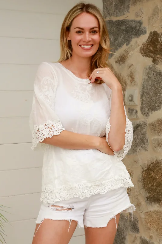 Isabella Boho Arcadia Crochet Shirt Cover up - White Stylish Short Sleeve Top